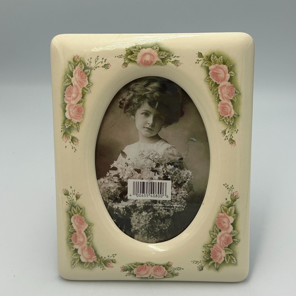 Victorian Picture Frame Pink Roses Rose Bud Floral Porcelain Oval Shaped 5"x7"